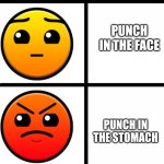 Devils lego brick | FLICK IN THE FACE; SLAP IN THE BUTT; PUNCH IN THE FACE; PUNCH IN THE STOMACH; SHOT IN THE STOMACH; STEPPING ON THE DEVIL LEGO BRICK | image tagged in geometry dash difficulty faces | made w/ Imgflip meme maker