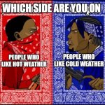 What kind of person are you? | WHICH SIDE ARE YOU ON; PEOPLE WHO LIKE COLD WEATHER; PEOPLE WHO LIKE HOT WEATHER | image tagged in gang war meme,weather,hot,cold,hot weather,cold weather | made w/ Imgflip meme maker