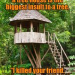 Insult to a tree | A tree house is the biggest insult to a tree. "I killed your friend. I want you to hold him." | image tagged in tree house,big insult to tree,killed your friend,now want you,to hold him,fun | made w/ Imgflip meme maker