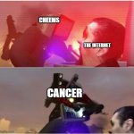 EBOMBEY | CHEEMS; THE INTERNET; CANCER | image tagged in titan tv fighting g man but titan speaker interrupts | made w/ Imgflip meme maker