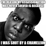 Biggie Smalls speaks from the Dead | THE REASON MY ASSASSIGNATION WAS NEVER SOLVED IS BECAUSE; I WAS SHOT BY A CHAMELEON | image tagged in biggie smalls,murder,hip hop,los angeles | made w/ Imgflip meme maker