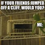 When you let your intrusive thoughts win | IF YOUR FRIENDS JUMPED OFF A CLIFF, WOULD YOU? ME: | image tagged in kermit falling down stairs | made w/ Imgflip meme maker