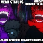 Everyone hate My life | ASHIQ THE MEME STATUES; MRNEMP GOT IS SHOWING THE GRAMMAR WRONG; NEKOKID40 GOT A MENTAL DEPRESSION BREAKDOWN THAT EVERYONE WHO HATES | image tagged in mahito and sukuna laugh,lol,cringe | made w/ Imgflip meme maker