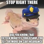 gecko | STOP RIGHT THERE; DID YOU KNOW THAT FIFTEEN MINUTES COULD SAVE YOU 15% OR MORE ON CAR INSURANCE | image tagged in officer geck,geico gecko,gecko | made w/ Imgflip meme maker