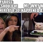 Woman shouting at cat | MY BOSS: YOU SHOULD'VE BEEN HERE AT 8:30! ME: WHY WHAT HAPPENED AT 8:30 | image tagged in woman shouting at cat | made w/ Imgflip meme maker
