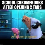 Do you want to explode | SCHOOL CHROMEBOOKS AFTER OPENING 2 TABS | image tagged in do you want to explode,school meme,chromebook,school | made w/ Imgflip meme maker