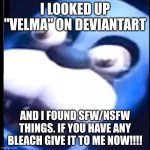 Surprised Bonnie | I LOOKED UP "VELMA" ON DEVIANTART; AND I FOUND SFW/NSFW THINGS. IF YOU HAVE ANY BLEACH GIVE IT TO ME NOW!!!! | image tagged in surprised bonnie | made w/ Imgflip meme maker