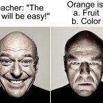 Yeah right ⊙﹏⊙∥ | Orange is:
a. Fruit
b. Color; Teacher: "The test will be easy!" | image tagged in dean norris's reaction,memes,funny,true story,relatable memes,school | made w/ Imgflip meme maker