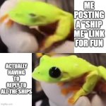 fwog | ME POSTING A "SHIP ME" LINK FOR FUN; ACTUALLY HAVING TO REPLY TO ALL THE SHIPS | image tagged in fwog | made w/ Imgflip meme maker