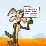 In Heaven's name-- what am i doing? | IN HEAVEN'S
NAME-- WHAT
AM I DOING?
         ======== | image tagged in wile e coyote sign,heaven,looney tunes,wile e coyote | made w/ Imgflip meme maker