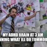 No sleep for me | MY ADHD BRAIN AT 3 AM PLANNING WHAT ILL DO TOMMOROW | image tagged in charlie day,adhd,3 am | made w/ Imgflip meme maker