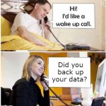 Wake up Call | Did you back up your data? | image tagged in wake up call - 2 panel | made w/ Imgflip meme maker