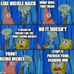 look i dont know what to call this | WHAT DOES THAT MEAN; I LIKE NICKLE BACK; IT MEANS HE DOESNT LIKE THE FRONT FACING NICKLES; NO IT DOESN'T; STOP IT PATRICK YOUR SCARING HIM; FRONT FACING NICKES | image tagged in stop it patrick you're scaring him correct text boxes | made w/ Imgflip meme maker