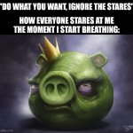 As someone who likes to take pictures with my camera, why do people stare at me with a disappointed or perplexed expression? | "DO WHAT YOU WANT, IGNORE THE STARES"; HOW EVERYONE STARES AT ME THE MOMENT I START BREATHING: | image tagged in angry birds realistic king pig | made w/ Imgflip meme maker