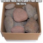 Get it? Cuz rocks are like… hard and… | TEACHER: THESE TESTS AREN’T THAT HARD!
THE TESTS: | image tagged in box of rocks | made w/ Imgflip meme maker