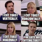 I will have some toast if you are making some. | I CUT TOAST VERTICALLY. I CUT TOAST HORIZONTALLY. I CUT TOAST DIAGONALLY. YOU GUYS ARE CUTTING TOAST? | image tagged in we are the millers,bread,toast,cutting | made w/ Imgflip meme maker