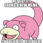 when you're trying to find a meme | HEY GUYS, I FOUND A NEW MEME. CHARLIE BIT MY FINGER! | image tagged in slowbro | made w/ Imgflip meme maker