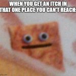 I hate this so much | WHEN YOU GET AN ITCH IN THAT ONE PLACE YOU CAN'T REACH: | image tagged in cinnamon toast crunch,what the cinnamon toast f is this,toast,cereal,lol,annoying | made w/ Imgflip meme maker