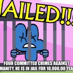 Here is the big funny | FOUR COMMITTED CRIMES AGAINST HUMANITY, HE IS IN JAIL FOR 10,000,00 YEARS. | image tagged in welcome to unikitty jail | made w/ Imgflip meme maker