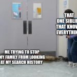 Meme | THAT ONE SIBLING THAT KNOWS EVERYTHING; ME TRYING TO STOP MY FAMILY FROM LOOKING AT MY SEARCH HISTORY | image tagged in superstore glenn stopping the flood waters | made w/ Imgflip meme maker