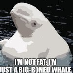 big boned whale | I'M NOT FAT, I'M JUST A BIG-BONED WHALE. | image tagged in fat whale,big brain | made w/ Imgflip meme maker