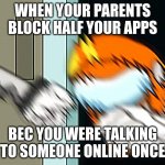 True story | WHEN YOUR PARENTS BLOCK HALF YOUR APPS; BEC YOU WERE TALKING TO SOMEONE ONLINE ONCE | image tagged in broken socksfor1 | made w/ Imgflip meme maker