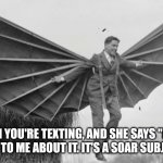 No need to fly off the handle, babe | WHEN YOU'RE TEXTING, AND SHE SAYS "DON'T TALK TO ME ABOUT IT. IT'S A SOAR SUBJECT." | image tagged in man with wings | made w/ Imgflip meme maker