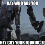 Mando | HAY WHO ARE YOU; THEY GUY YOUR LOOKING FOR | image tagged in mando | made w/ Imgflip meme maker