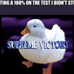 Imagine the thoughts the smart kids have right now | ME GETTING A 100% ON THE TEST I DIDN'T STUDY ON | image tagged in supreme victory duck,inspired by another guy | made w/ Imgflip meme maker
