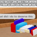 D: | WHEN YOU GET ONE QUESTION WRONG IN IXL AND YOUR SCORE GOES FROM AN 88 TO A 64: | image tagged in what did i do to deserve this,ixl,high school | made w/ Imgflip meme maker