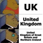 UK, United Kingdom, United Ki- I ain’t reading all that | UK; United Kingdom; United Kingdom of Great Britain and Northern Ireland | image tagged in tuxedo winnie the pooh 3 panel,uk,geography,different | made w/ Imgflip meme maker