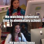 Time to relive those memories of watching the new spinoff | Me watching adventure time in elementary school; Me watching fionna and cake as a high schooler | image tagged in icarly interesting older | made w/ Imgflip meme maker