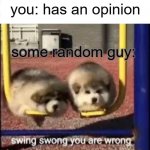 opinions, what even are they anymore | you: has an opinion; some random guy: | image tagged in swing swong you are wrong | made w/ Imgflip meme maker