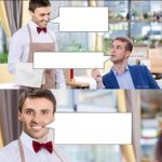 RESTAURANT WAITER AND MALE CUSTOMER