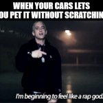 rap god eminem | WHEN YOUR CARS LETS YOU PET IT WITHOUT SCRATCHING | image tagged in rap god eminem | made w/ Imgflip meme maker