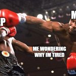 Sleep | SLEEP; ME; ME WONDERING WHY IM TIRED | image tagged in mike tyson punch | made w/ Imgflip meme maker