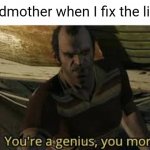 You're a genius, you moron | Grandmother when I fix the lights: | image tagged in you're a genius you moron | made w/ Imgflip meme maker