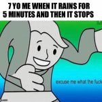 Have any of you guys seen this happen | 7 YO ME WHEN IT RAINS FOR 5 MINUTES AND THEN IT STOPS | image tagged in excuse me what the fu- | made w/ Imgflip meme maker