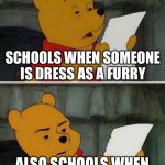 Even more dumb rules | SCHOOLS WHEN SOMEONE IS DRESS AS A FURRY; ALSO SCHOOLS WHEN I’M WEARING MY HOODIE | image tagged in winnie the pooh reading | made w/ Imgflip meme maker