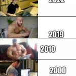 Year | 2022; 2019; 2010; 2000 | image tagged in muscle men computer | made w/ Imgflip meme maker