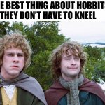 Kneeling Hobbits | THE BEST THING ABOUT HOBBITS IS THEY DON’T HAVE TO KNEEL | image tagged in hobbits | made w/ Imgflip meme maker