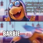 Enjoy it while it lasts… | Nintendo and Illumination after having the biggest movie of the year; BARBIE | image tagged in peach punching kamek | made w/ Imgflip meme maker