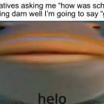 bruh •__• | my relatives asking me “how was school??” knowing darn well I’m going to say “good” | image tagged in helo fish,relatives,school,memes,funny,front page plz | made w/ Imgflip meme maker