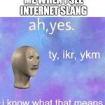 i still don't know what these mean | ME WHEN I SEE INTERNET SLANG; ty, ikr, ykm; i know what that means | image tagged in ah yes,funny,memes | made w/ Imgflip meme maker