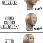 Panik Kalm Confuzz | YOU SEE A CREEPER; YOUR NOT IN MINECRAFT; YOUR NOT IN MINECRAFT | image tagged in panik kalm confuzz | made w/ Imgflip meme maker