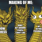 The making of me be like: | MAKING OF ME:; HOW I ACT AROUND PEOPLE I DON'T LIKE; MY ACTUAL PERSONALITY; HOW I DRESS | image tagged in memes,three-headed dragon,personality | made w/ Imgflip meme maker