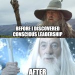Gandalf Before After | BEFORE I DISCOVERED CONSCIOUS LEADERSHIP; AFTER | image tagged in gandalf before after | made w/ Imgflip meme maker
