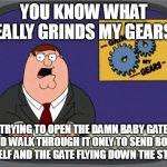 Peter Griffin News | YOU KNOW WHAT REALLY GRINDS MY GEARS? TRYING TO OPEN THE DAMN BABY GATE AND WALK THROUGH IT ONLY TO SEND BOTH MYSELF AND THE GATE FLYING DOWN THE STAIRS | image tagged in memes,peter griffin news,meme,funny | made w/ Imgflip meme maker