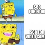 Gamers Understand | $60 FOR FOOD; $60 FOR VIDEO GAMES | image tagged in sponge bob wallet | made w/ Imgflip meme maker