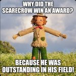 Outstanding Scarecrow | WHY DID THE SCARECROW WIN AN AWARD? BECAUSE HE WAS OUTSTANDING IN HIS FIELD! | image tagged in scarecrow,puns,dad joke,funny,corny joke | made w/ Imgflip meme maker